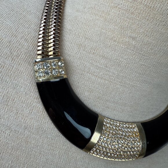 Gold Tone w/ Black Enamel & Rhinestone Collar Necklace 19.5" - Picture 4 of 9